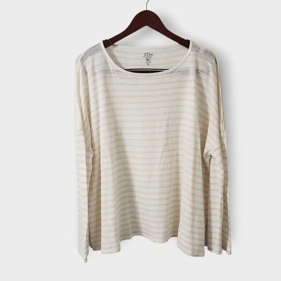 J. Crew Womens Relaxed Linen Long Sleeve Tee Tan White Sz XL Boxy Preppy Casual - Picture 1 of 13